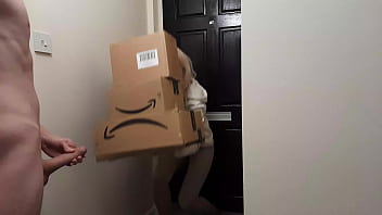 Horny jacking off guy meets an Amazon delivery dame and she decides to help him jizz